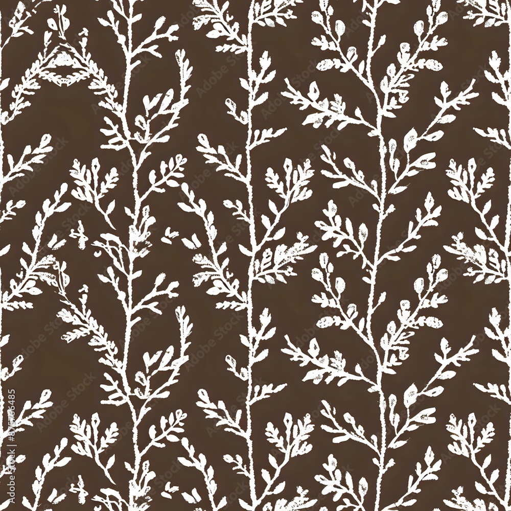 Fototapeta premium White Branches and Small Oval Leaves on Brown Background