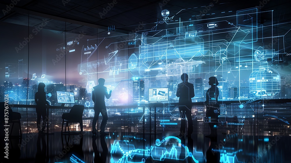 group of professionals in high-tech control room with holographic displays group of professionals in high-tech control room with holographic displays