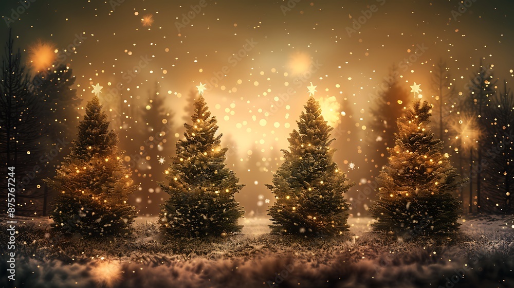 Naklejka premium Glowing Christmas Trees in a Snowy Forest