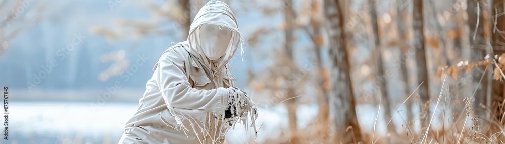 Ghostly figure with tattered clothes, close-up shot, Halloween costume, ethereal and spooky ambiance Ghostly figure with tattered clothes, close-up shot, Halloween costume, ethereal and spooky ambiance