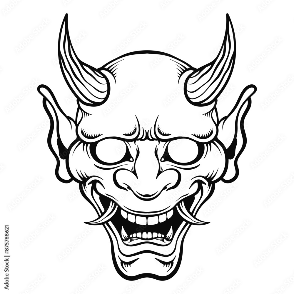 Hand-drawn illustration of a Japanese oni mask Hand-drawn illustration of a Japanese oni mask