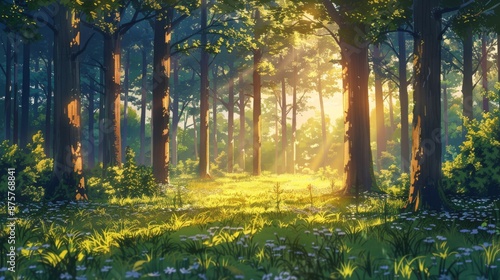 Scenic anime-style forest clearing bathed in sunlight with lush foliage and flowers