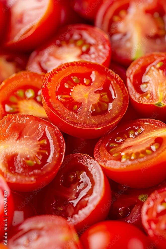 view of halved cherry tomatoes, revealing their juicy, seeded interiors and rich red color view of halved cherry tomatoes, revealing their juicy, seeded interiors and rich red color