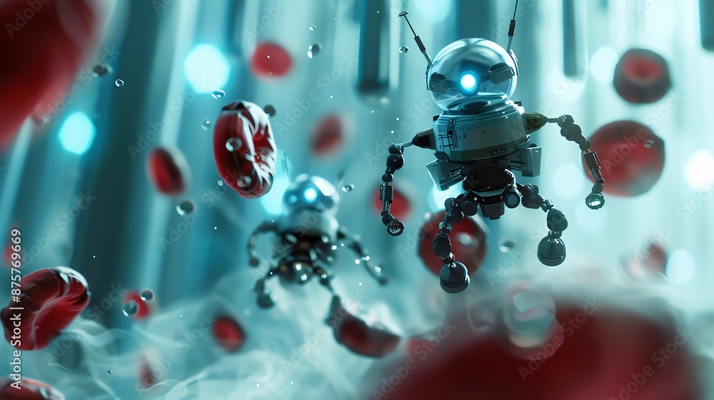 Two medical nanorobots working inside a vein, repairing damaged red ...