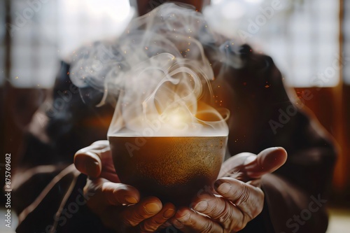Serene monk immersed in a japanese tea ceremony, delicately holding a steaming cup, exuding peace and mindfulness. Capturing tranquility, ancient wisdom, and spiritual tradition