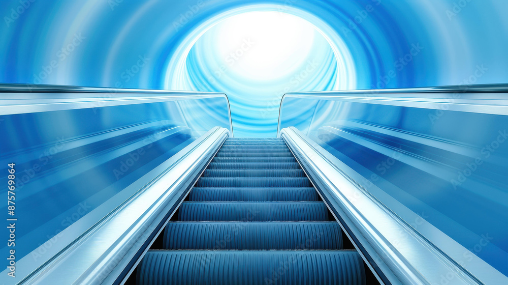 Obraz premium Blurred metro escalator in city infrastructure Light blue background captures citys subway motion.
