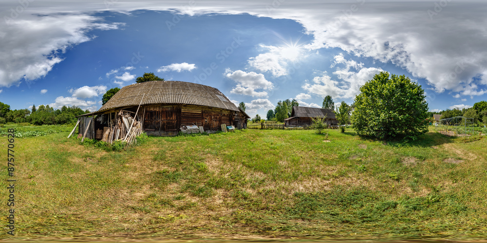 Obraz premium 360 hdri panorama near abandoned dying village in the middle of a forest with an overgrown area in full seamless spherical equirectangular projection, ready AR VR virtual reality content