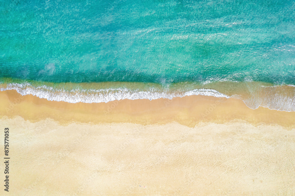 Obraz premium Relaxing aerial beach scene. Summer vacation holiday destination banner. Waves surf crash amazing blue ocean lagoon, sea shore, coastline. Perfect aerial drone top view. Peaceful bright beach, seaside