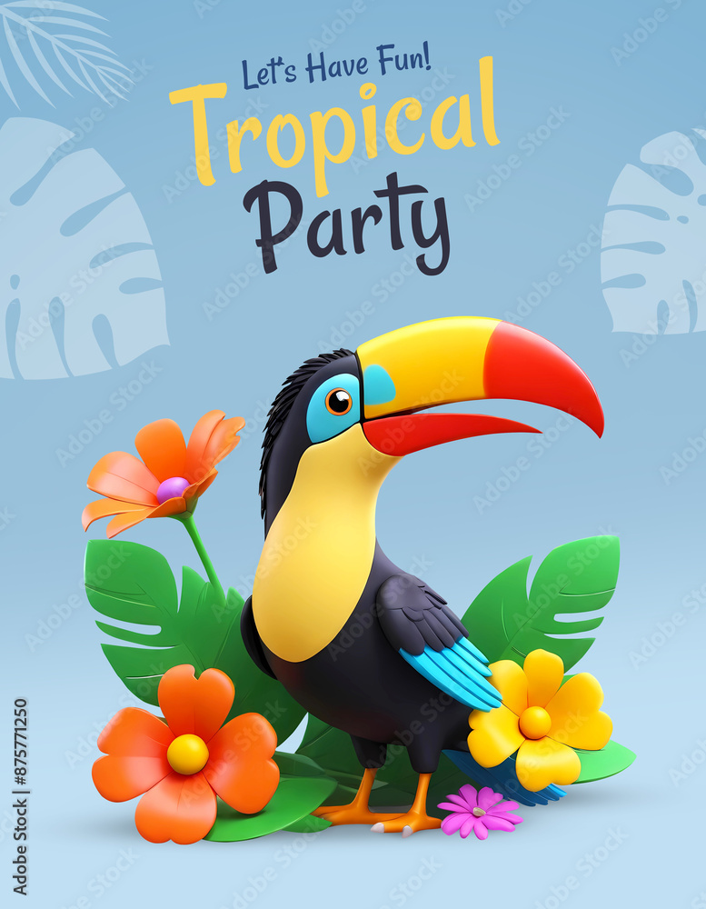 Naklejka premium Tropical summer party poster with 3d toucan bird cartoon character with tropical flowers