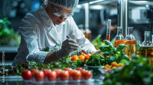 Scientists creating bioengineered foods in a high-tech lab, advanced machinery, focus on sustainability and nutrition.