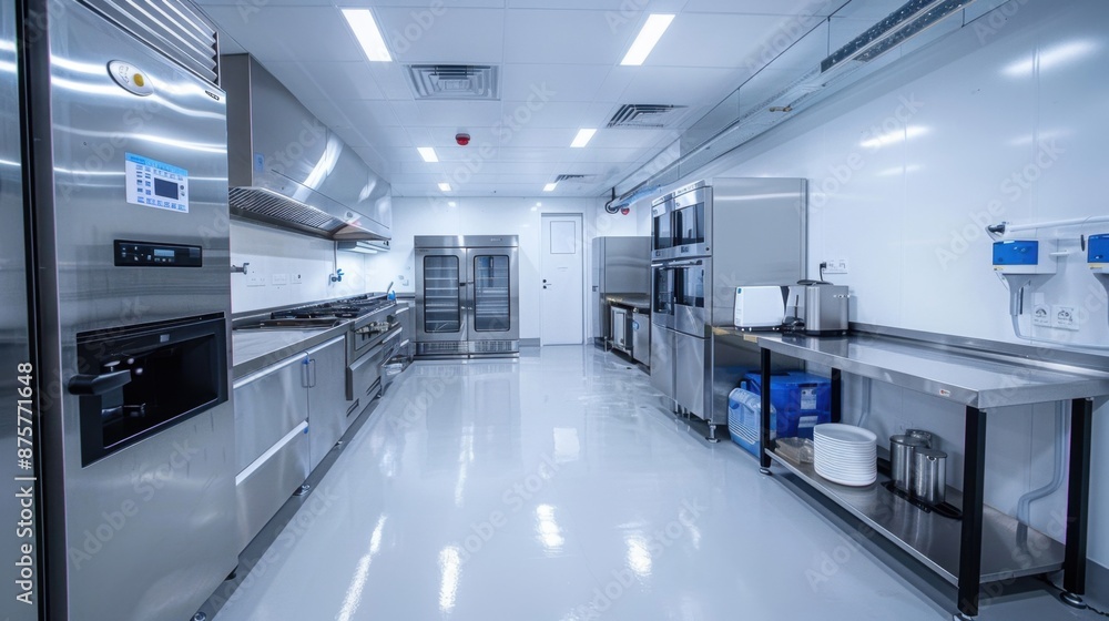 A sleek, high-tech kitchen with proper storage solutions for RTE foods, emphasizing hygiene and cleanliness. A sleek, high-tech kitchen with proper storage solutions for RTE foods, emphasizing hygiene and cleanliness.