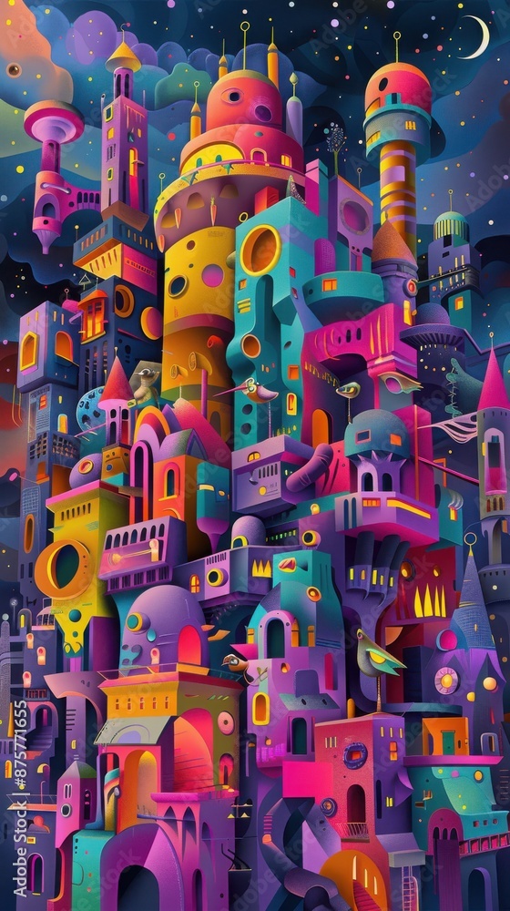 Naklejka premium A colorful building with many windows and a large moon in the background