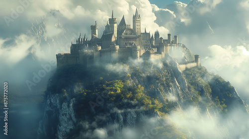 Medieval castle perched on top of the mountain, cinematic, epic fantasy movie scene, beautiful, magical, whimsical, atmospheric
