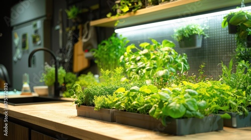 A smart home with an indoor garden using hydroponics, automated system, lush greenery, clean and modern interior. 