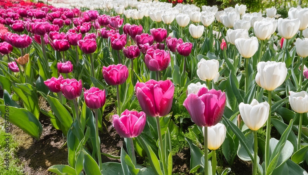 Fototapeta premium Amidst a tranquil garden, a symphony of tulips dances in the gentle breeze, their vibrant hues of pink, purple, red, and white painting a picturesque scene of springtime