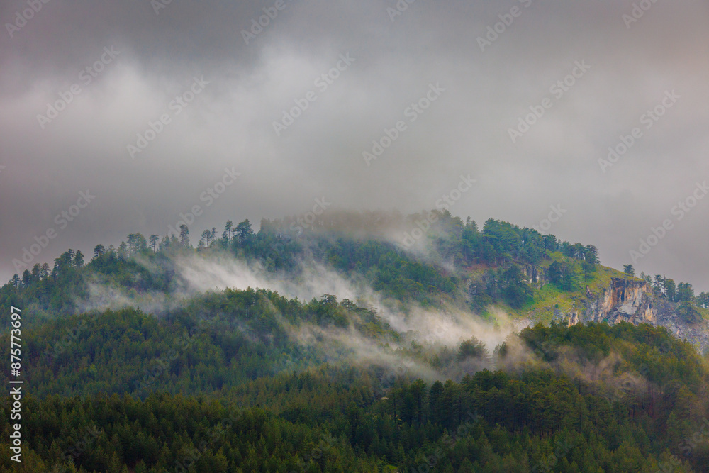 Mountains in the clouds. View of the mountain peak in the fog. Beautiful landscape with high cliffs. Dedegol. Turkey.
