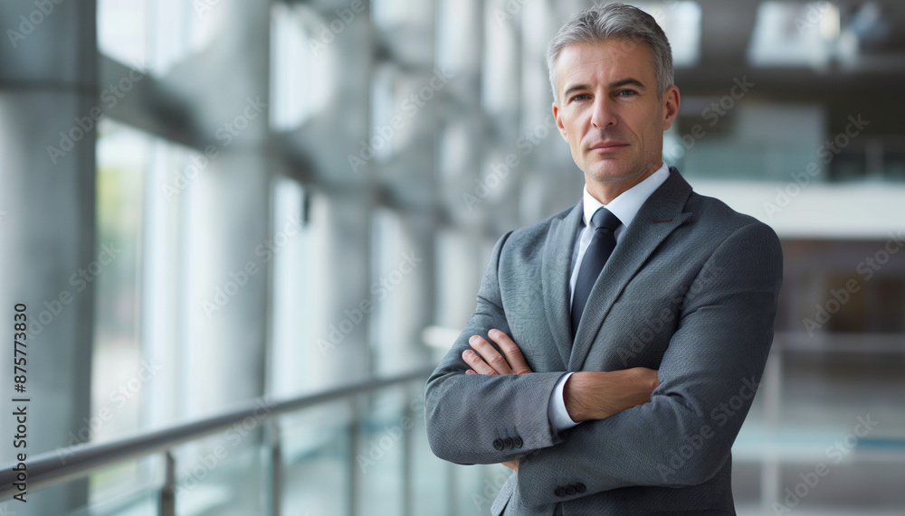 A confident, mature businessman in a suit, standing with arms crossed in a modern office setting, exuding professionalism and leadership. A confident, mature businessman in a suit, standing with arms crossed in a modern office setting, exuding professionalism and leadership.