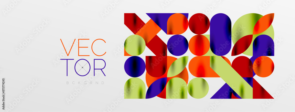 Mosaic geometric elements. Colorful circles, round geometric shapes and lines with shadow 3d effects. Simple forms abstract background for wallpaper, banner, template or landing Mosaic geometric elements. Colorful circles, round geometric shapes and lines with shadow 3d effects. Simple forms abstract background for wallpaper, banner, template or landing