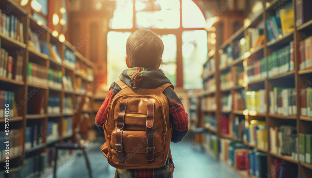 A young boy with a backpack stands in the middle of a library, looking up at the shelves filled with books A young boy with a backpack stands in the middle of a library, looking up at the shelves filled with books