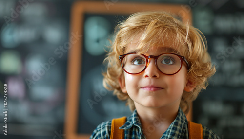 A young boy with curly hair and glasses smiles brightly in a classroom, showcasing his enthusiasm for learning