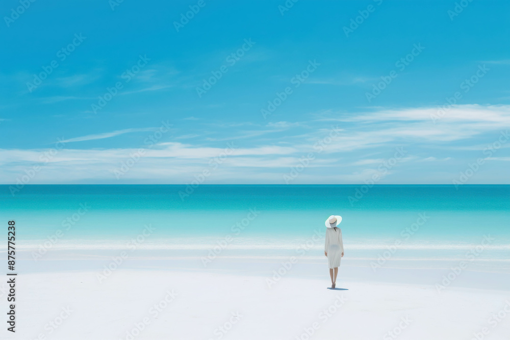 A Woman Standing Alone on a Pristine White Beach with Clear Blue Waters and a Bright Blue Sky A Woman Standing Alone on a Pristine White Beach with Clear Blue Waters and a Bright Blue Sky