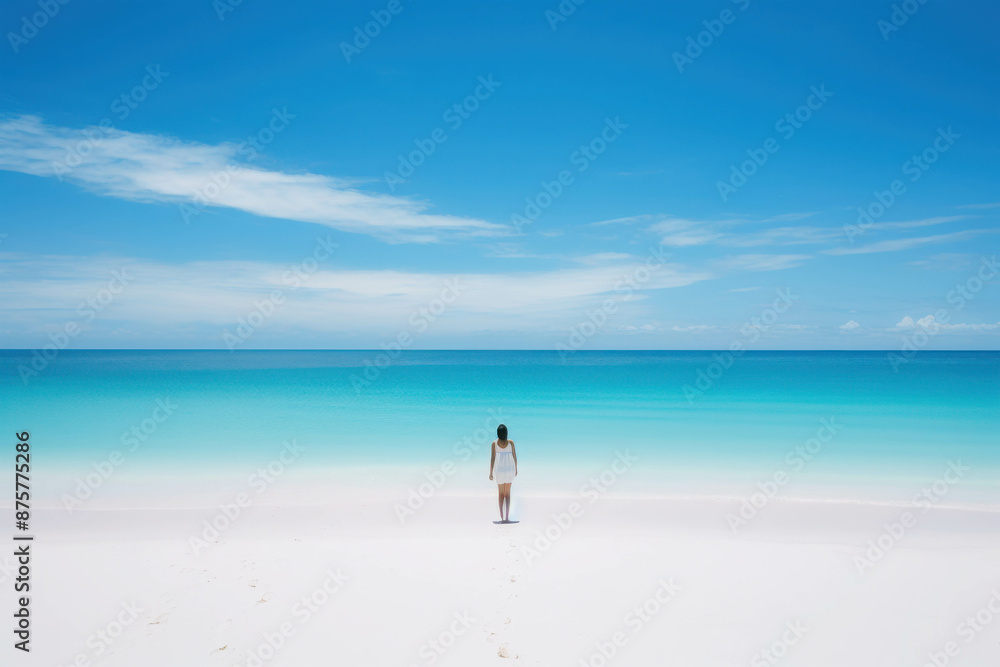 A Woman Standing Alone on a Pristine White Beach with Clear Blue Waters and a Bright Blue Sky A Woman Standing Alone on a Pristine White Beach with Clear Blue Waters and a Bright Blue Sky