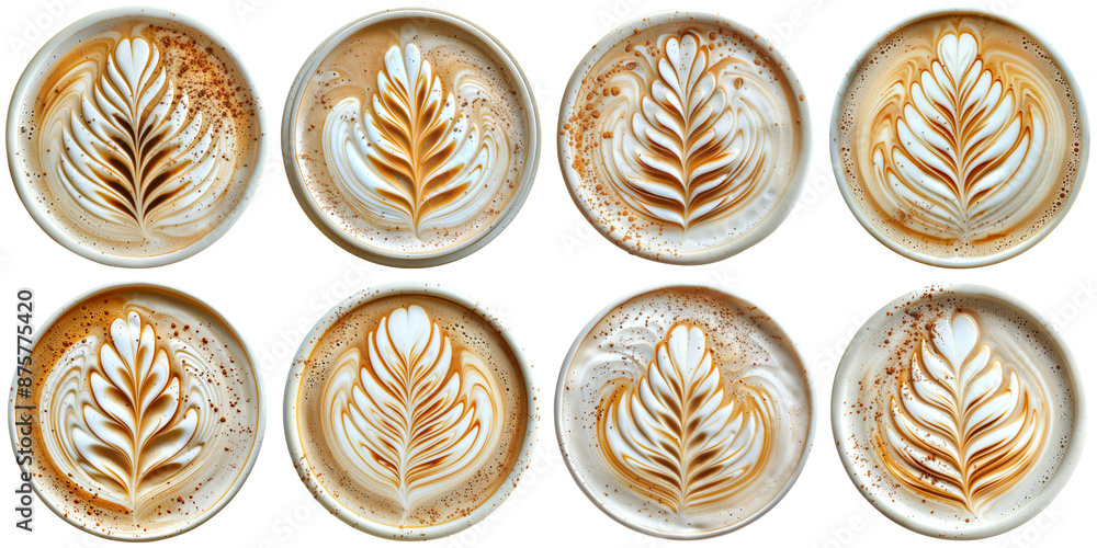 A collection of coffee latte art with rosetta pattern on transparent background A collection of coffee latte art with rosetta pattern on transparent background