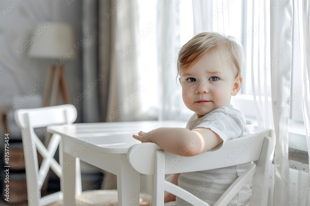Curious toddler sitting at white table in bright minimalist room with window in the background Curious toddler sitting at white table in bright minimalist room with window in the background