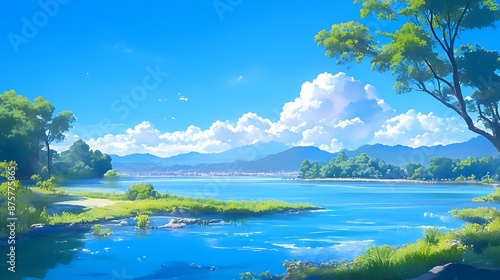 Tranquil Lake Scene with Lush Green Hills and Fluffy Clouds