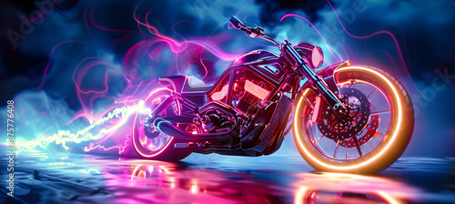 A sleek futuristic motorcycle with glowing tires races through neon clouds, leaving a trail of vibrant light behind photo