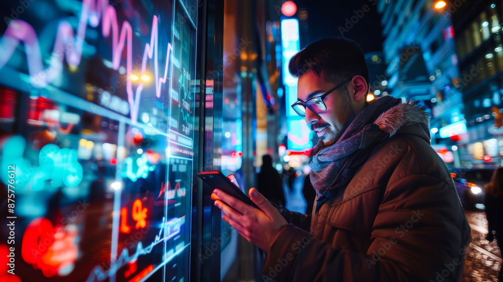 A man analyzes stock market charts on a city street at night, his face lit by the glow of his phone and a digital financial display A man analyzes stock market charts on a city street at night, his face lit by the glow of his phone and a digital financial display