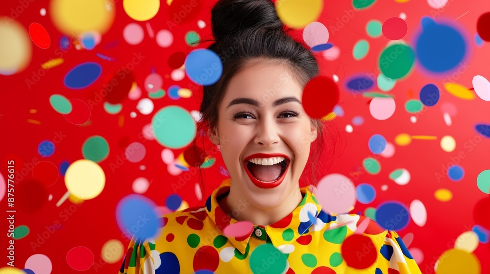 A woman is smiling and surrounded by colorful confetti. Concept of joy and celebration A woman is smiling and surrounded by colorful confetti. Concept of joy and celebration