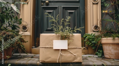 Elegantly wrapped gift with greenery sits on doorstep ready for delivery photo