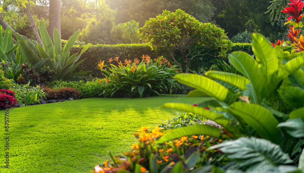 A lush, vibrant garden with a green lawn, tropical plants, and bright flowers basking in warm sunlight A lush, vibrant garden with a green lawn, tropical plants, and bright flowers basking in warm sunlight