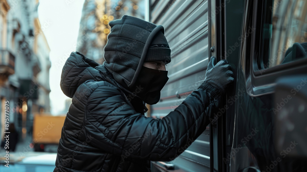 Man Wearing Black Jacket and Mask Accessing Truck Cargo Man Wearing Black Jacket and Mask Accessing Truck Cargo