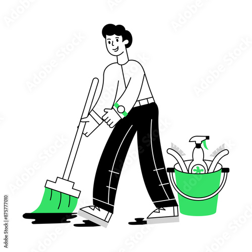 Trendy outline mini illustration of mopping floor 

