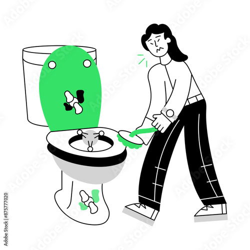 A character based linear mini illustration of cleaning toilet 

