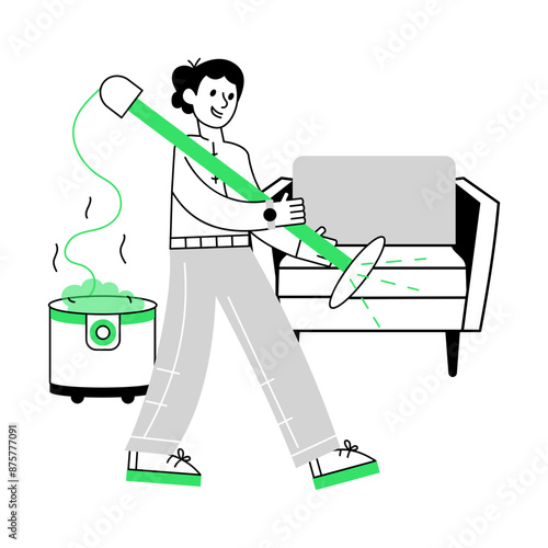 Trendy line style mini illustration of cleaning sofa 

