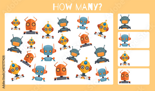 Educational game vector template. Count how many identical robots there are. I spy game worksheet for kindergarten and primary school children. Cyborg toys