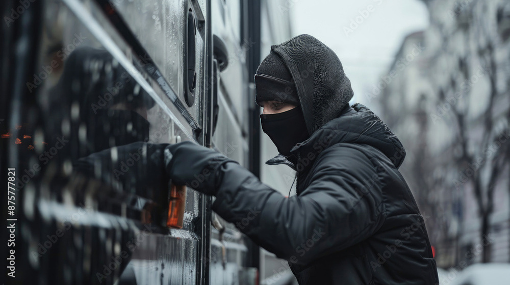 Man Wearing Black Jacket and Mask Accessing Truck Cargo Man Wearing Black Jacket and Mask Accessing Truck Cargo