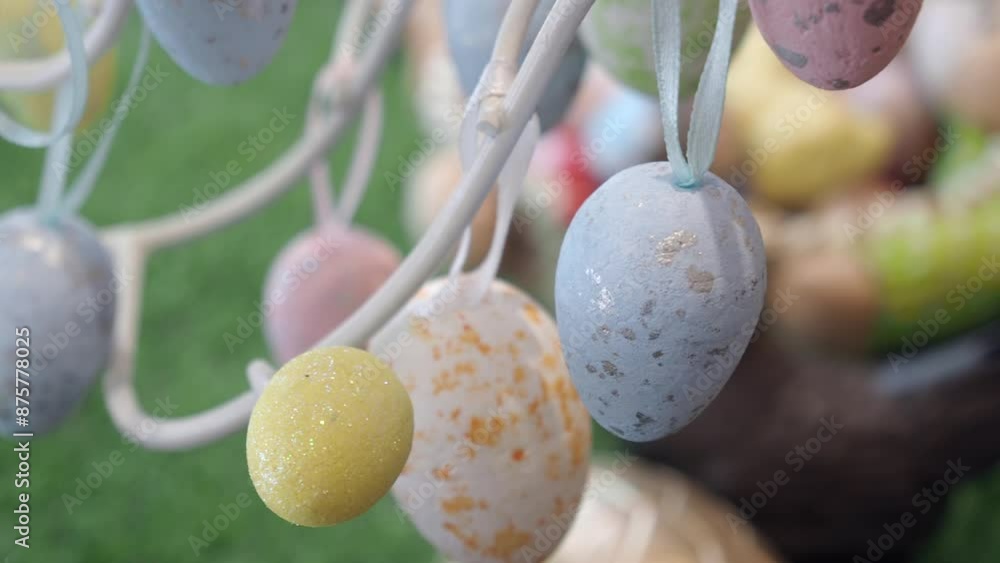 easter concept with multi color egg hanging on a decorative tree easter concept with multi color egg hanging on a decorative tree