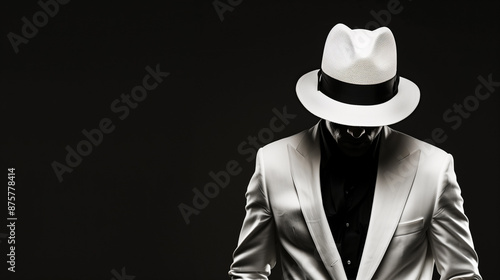 A man wearing a white hat and a white suit is standing in front of a black background. Concept of mystery and elegance, as the man's attire and the hat create a sophisticated and stylish appearance