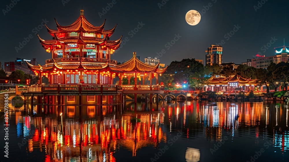 Obraz premium Serene moonlit lake reflecting the shimmering moon during The Moon Festival Stock Photo with copy space