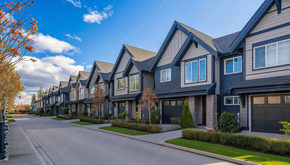 A row of modern townhouses with well-manicured lawns and a clear blue sky, showcasing suburban living A row of modern townhouses with well-manicured lawns and a clear blue sky, showcasing suburban living