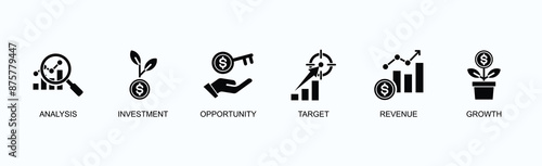 Market Research Banner Web Icon Vector Illustration Concept With Analysis, Investment, Opportunity, Target, Revenue, Growth