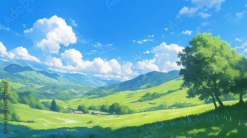 A beautiful green meadow with mountains in the background under a clear blue sky with white clouds