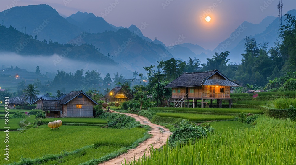 Fototapeta premium Peaceful countryside landscape under a moonlit sky with traditional houses and lanterns adding charm to The Moon Festival atmosphere Stock Photo with copy space