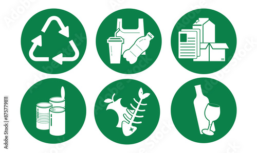Green set of Recycle, paper, plastic, organic, inorganic, metal, aluminum, glass trash separation icons