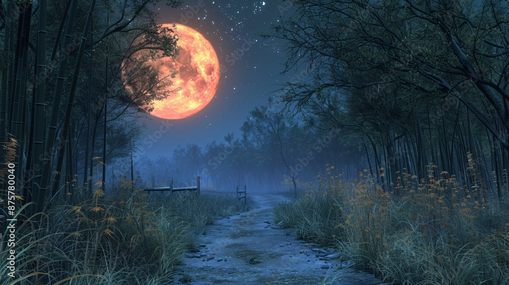 Fototapeta premium Idyllic bamboo forest glowing under the moon's radiance creating a serene backdrop for The Moon Festival's cultural celebrations Stock Photo with copy space