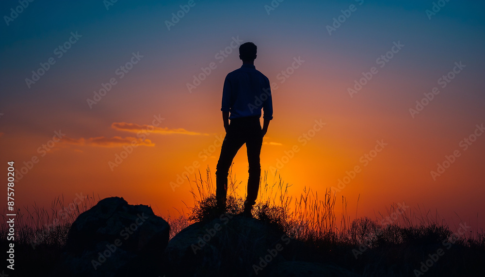 A man stands on a hilltop at sunset, silhouetted against a gradient sky, symbolizing freedom and adventure A man stands on a hilltop at sunset, silhouetted against a gradient sky, symbolizing freedom and adventure